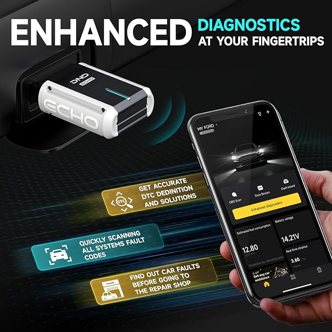 DND Echo Bluetooth OBD2 Scanner - All System Wireless Car Diagnostic Tool for iOS & Android, Automotive Scan Tool with 3 Resets, Check Engine Vehicle Code Reader, Free Update OBDII Diagnsotic Scanner